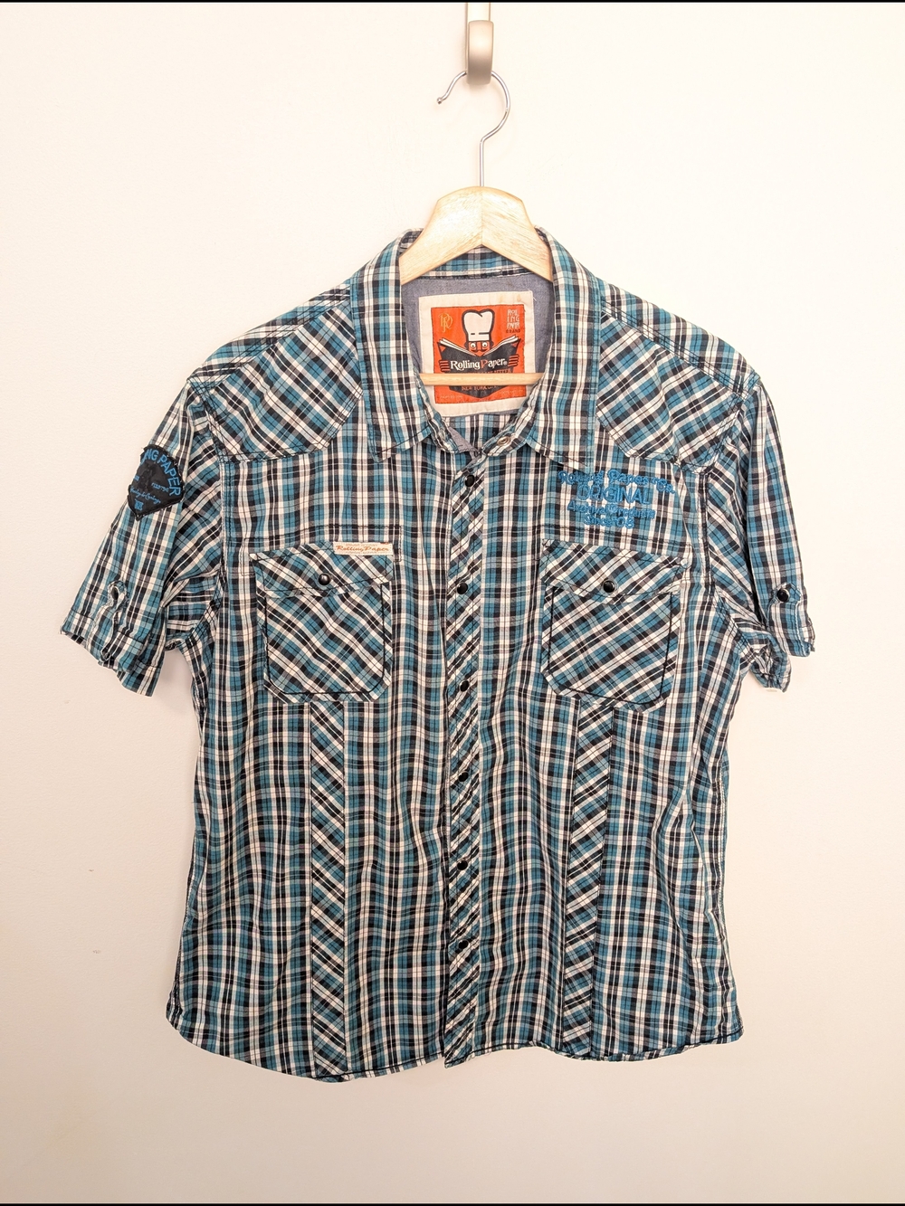 Rolling Papers Turquoise Plaid Western Snap  Short-Sleeve Shirt Men's Size XL